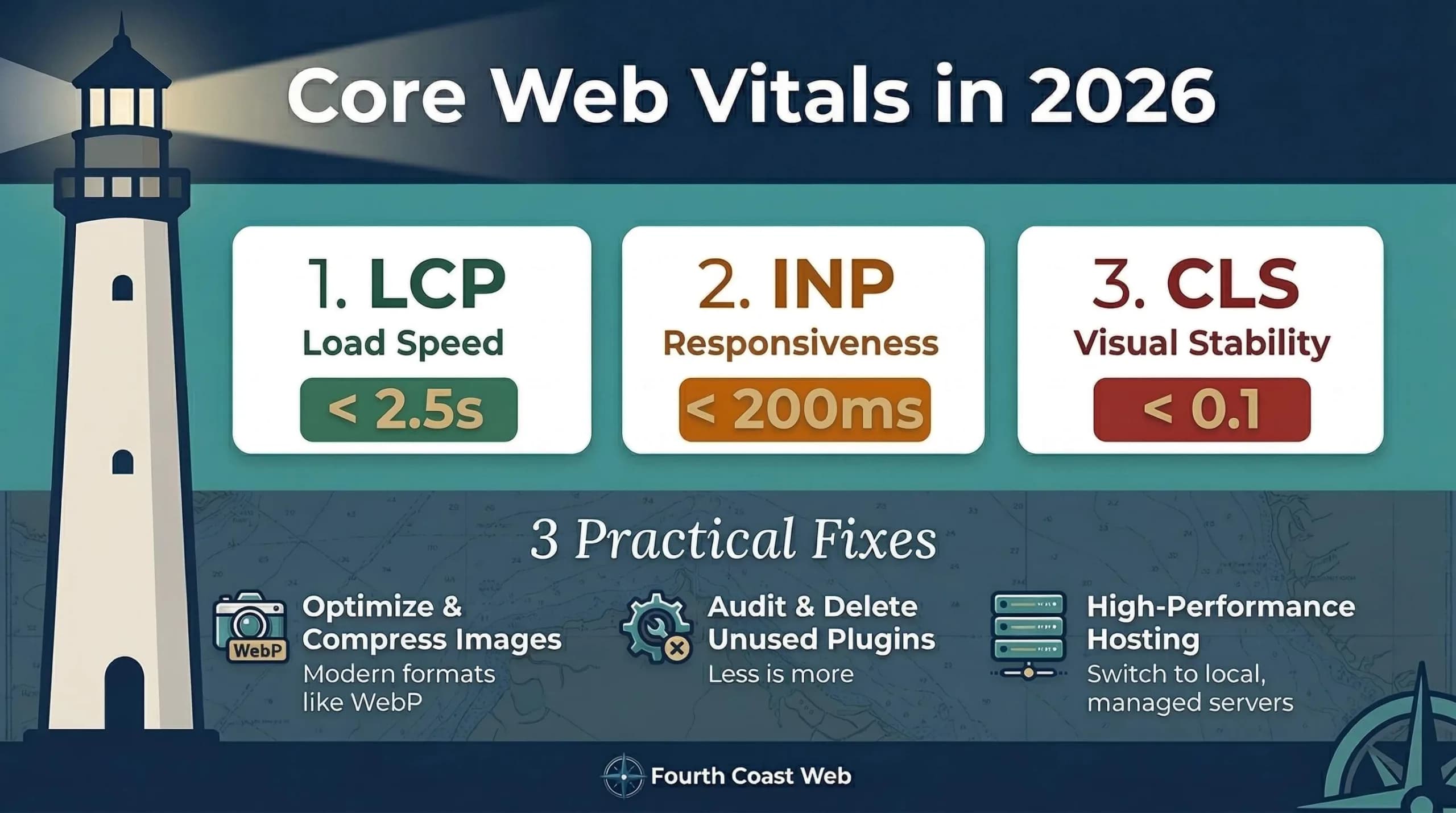 Fourth Coast Web infographic detailing essential Core Web Vitals in 2026 and practical web fixes.