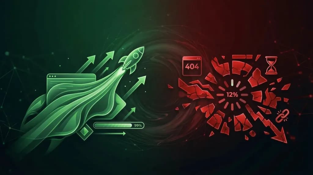 Green rocket representing SEO success versus red shattered glass representing website performance failure.