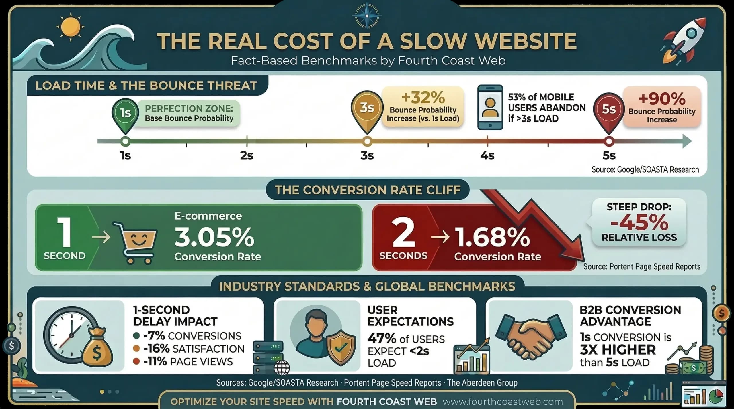 Infographic by Fourth Coast Web illustrating how slow website speed impacts bounce and conversion rates.