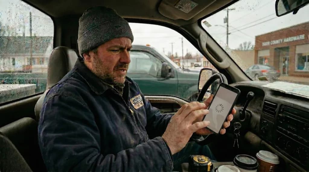 Man in a work jacket frustrated by a slow loading screen on his phone.
