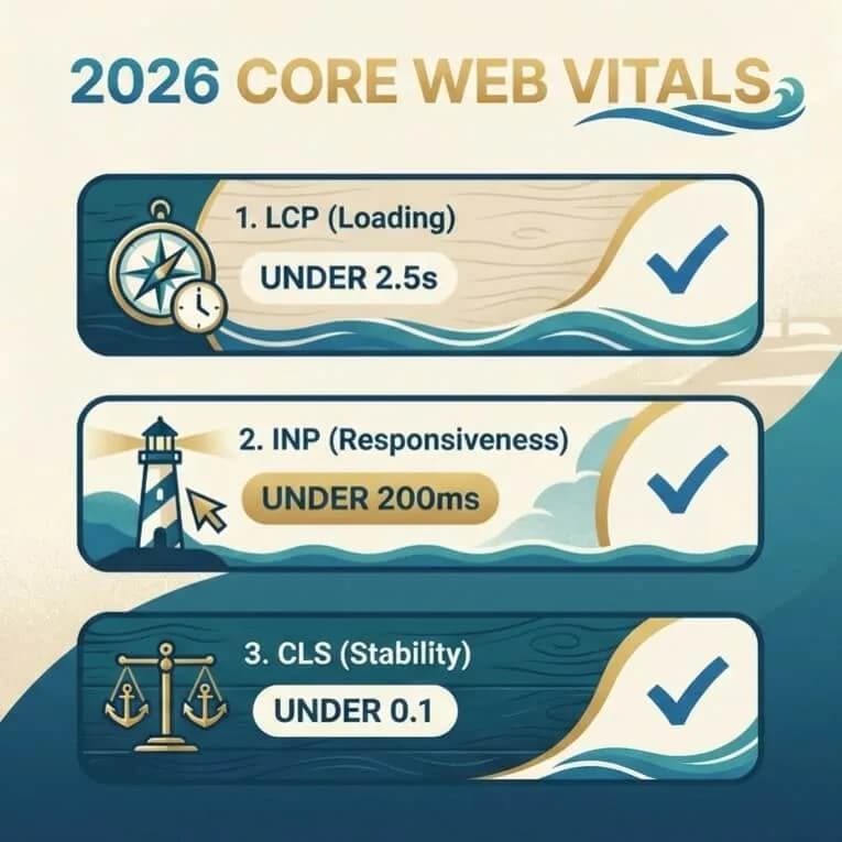 Infographic by Fourth Coast Web showing 2026 Core Web Vitals targets: LCP, INP, and CLS scores for optimal performance.