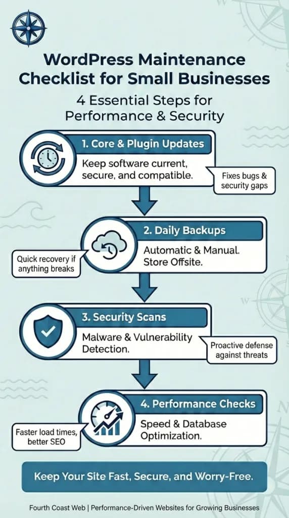 Fourth Coast Web's 4-step WordPress maintenance checklist for small business website performance and security.